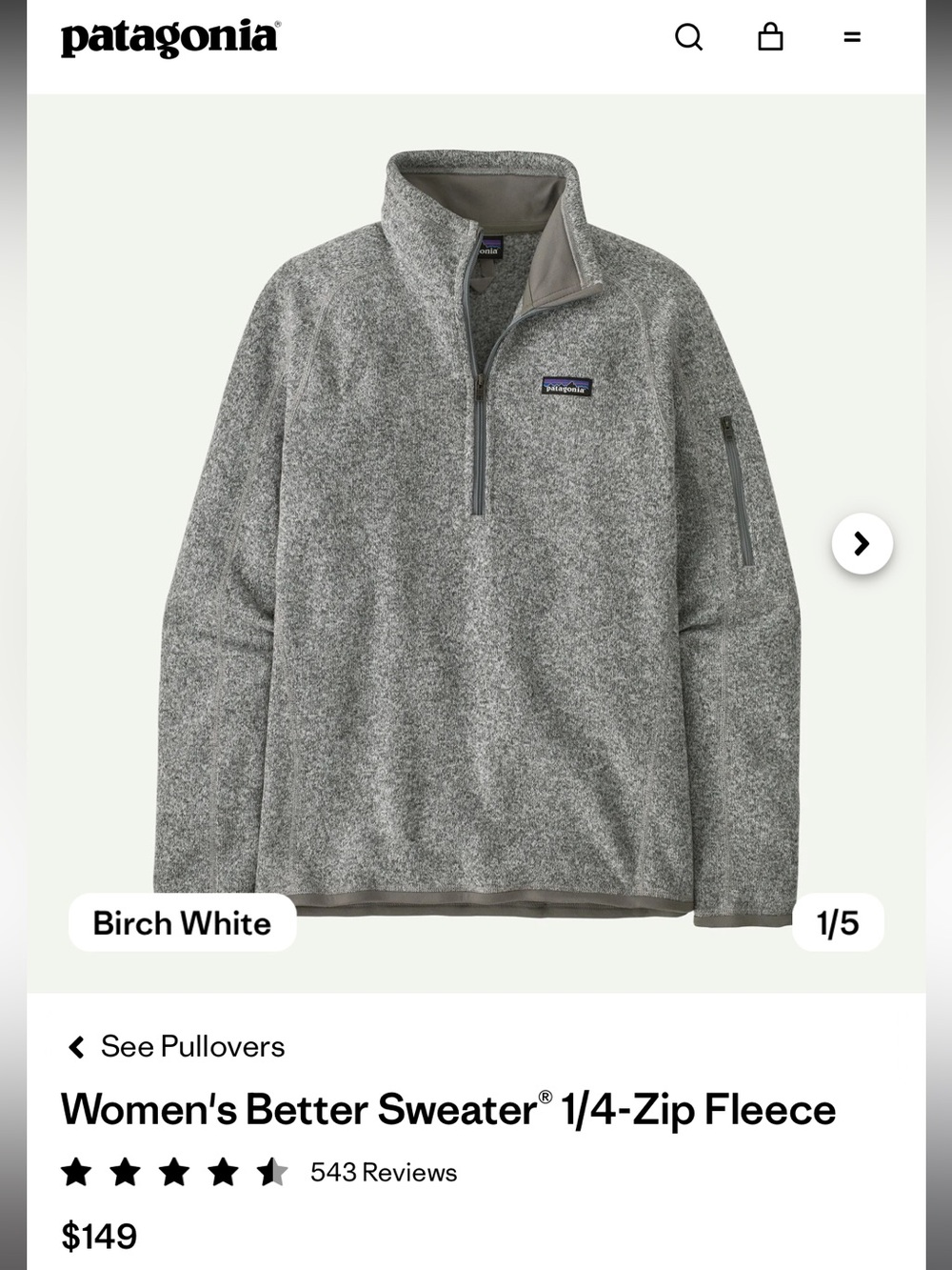 Patagonia Womens 1/4-Zip Better Sweater Fleece - Birch White Heather.Size Medium